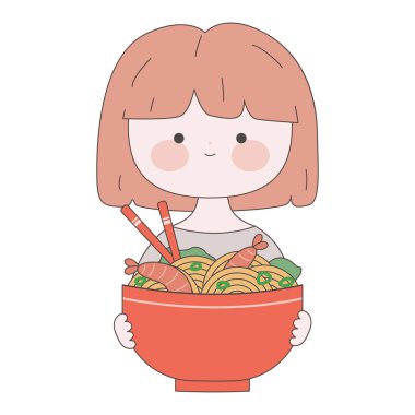 Elinde bir tabak ramen olan tatlı bir kız. Kawaii Japon yemek illüstrasyonu. Geleneksel Japon eriştesi. Asya yemekleri.