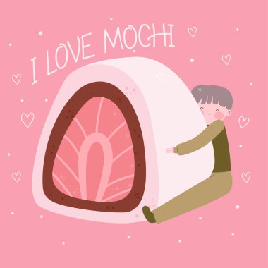 Bambu ahşap üzerinde güzel bir mochi. Bir fincan çay ve çaydanlık. Geleneksel Japon mutfağı. Asya yemekleri. Stok vektör illüstrasyonu.