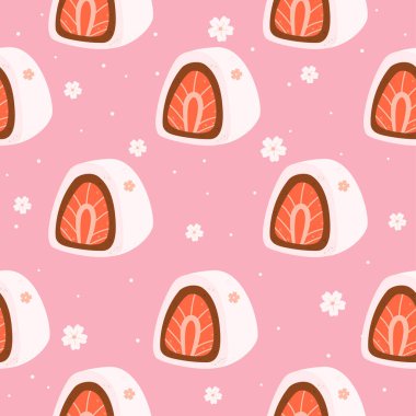 Cute mochi seamless pattern. Daifuku traditional Japanese dessert. Asian food. Stock vector illustration.