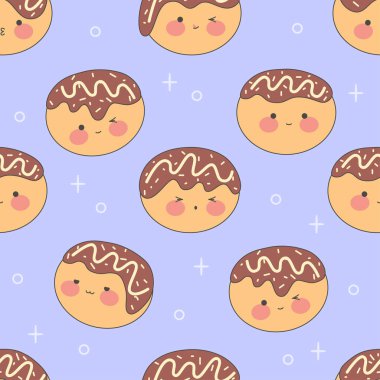 Kawaii takoyaki in a boat-shaped container.Japanese cuisine in cute cartoon style. Traditional Japanese food. Stock vector illustration.