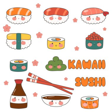 Cute Sushi set with smiling face and pink cheeks. Kawaii rolls. Japanese traditional cuisine dishes. Stock vector illustration.