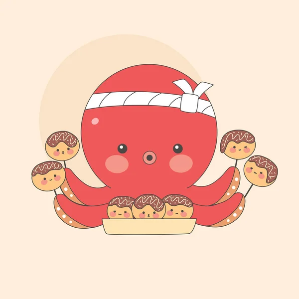 Cute Octopus Holds Takoyaki Its Tentacles Kawaii Illustration Asian Food — Stock Vector