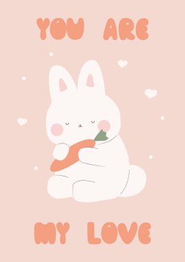 Elinde havuç olan Kawaii tavşanı. Sarı arka planda kalbi olan sevimli tavşan karakteri. Benim aşk konseptimsin. Hisse vektör illüstrasyonu, 10 Pound