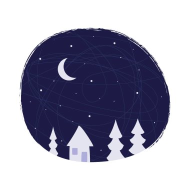 Minimalist kış çizimi. Ev ve Noel ağaçları gece gökyüzünün arka planında yıldızlar ve ay ile birlikte. Stok vektör illüstrasyonu.