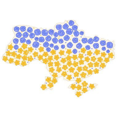 Sarı ve mavi çiçekli Ukrayna haritası. Ukrayna 'ya destek. Sevimli vatansever çiçekler. Stok vektör illüstrasyonu.