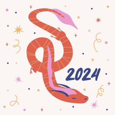 Mutlu Çin Yeni Yılı 'nın sembolü 2024 Ejderha. Renkli soyut modern kartpostal, poster, tebrik kartı. Yeşil Tahta Ejder Yılı burcu. Stok vektör illüstrasyonu
