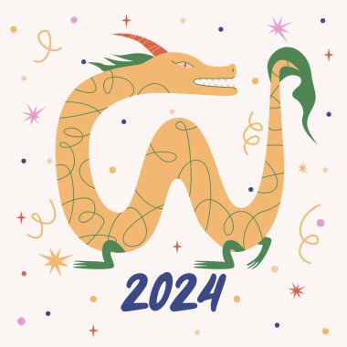 Mutlu Çin Yeni Yılı 'nın sembolü 2024 Ejderha. Renkli soyut modern kartpostal, poster, tebrik kartı. Yeşil Tahta Ejder Yılı burcu. Stok vektör illüstrasyonu