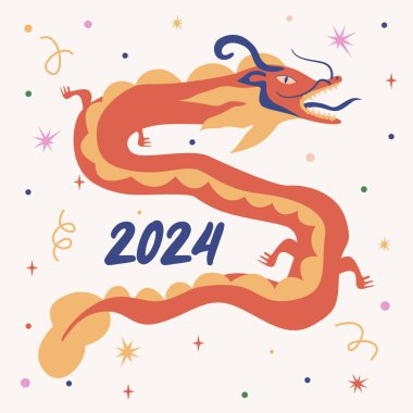 Mutlu Çin Yeni Yılı 'nın sembolü 2024 Ejderha. Renkli soyut modern kartpostal, poster, tebrik kartı. Yeşil Tahta Ejder Yılı burcu. Stok vektör illüstrasyonu