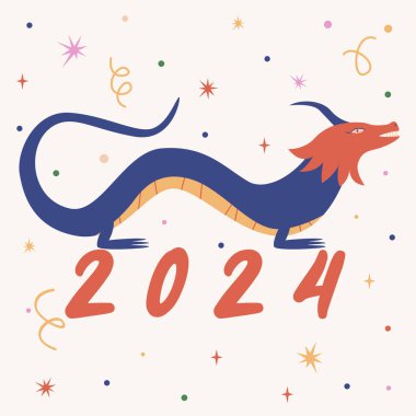Mutlu Çin Yeni Yılı 'nın sembolü 2024 Ejderha. Renkli soyut modern kartpostal, poster, tebrik kartı. Yeşil Tahta Ejder Yılı burcu. Stok vektör illüstrasyonu
