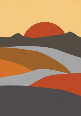 Modern soyut minimalist peyzaj posterleri. Çöl, güneş ve ay. Dağlar. Pastel renkler, toprak renkleri. Boho yüzyıl ortası baskıları. Düz dizayn. Stok vektör illüstrasyonu