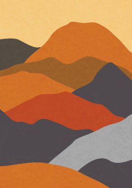 Modern soyut minimalist peyzaj posterleri. Çöl, güneş ve ay. Dağlar. Pastel renkler, toprak renkleri. Boho yüzyıl ortası baskıları. Düz dizayn. Stok vektör illüstrasyonu