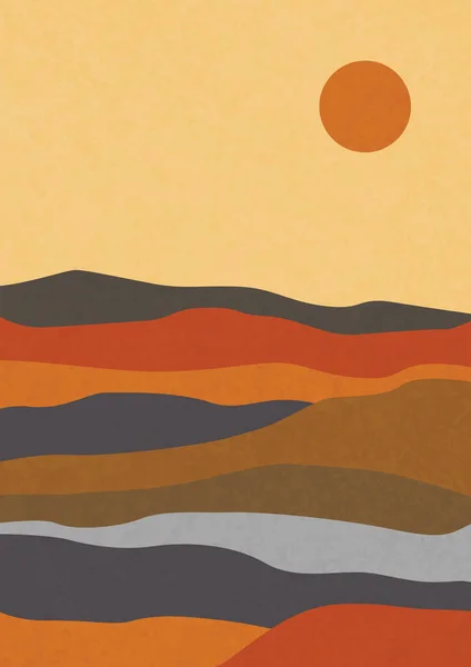 Moderne Abstrakte Minimalistische Landschaftsplakate Wüste Sonne Und Mond Berge Pastellfarben — Stockvektor