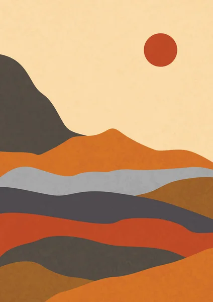 Moderne Abstrakte Minimalistische Landschaftsplakate Wüste Sonne Und Mond Berge Pastellfarben — Stockvektor