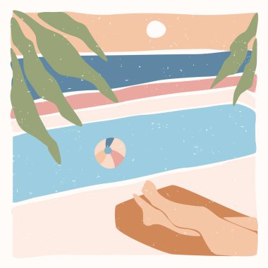 Havuzun arka planında kadın bacakları var. Havuz partisi soyut posterleri. Pastel renkler. Boho yüzyıl ortası sanat baskısı. Düz dizayn. Stok vektör illüstrasyonu