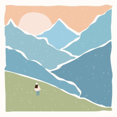 Modern soyut minimalist manzara posteri. Yalnız insanlarla dağlar. Doğaya dönüş. Pastel renkler. Boho yüzyıl ortası sanat baskısı. Düz dizayn. Stok vektör illüstrasyonu