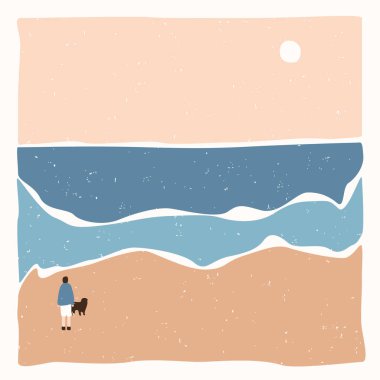 Alone man with a dog walks along the beach. Modern landscape ocean and beach. Back to nature. Abstract silhouette hills. Aesthetic mountains. Stock vector illustration. clipart