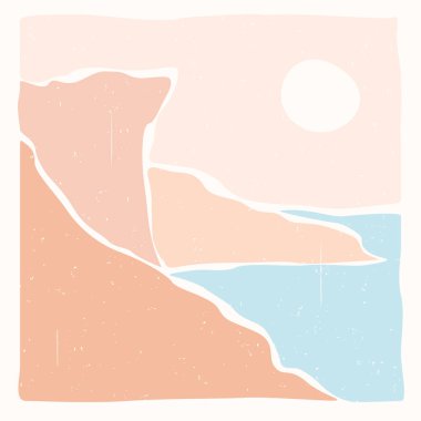 Modern soyut minimalist manzara posteri. Deniz ve dağlar. Doğaya dönüş. Pastel renkler. Boho yüzyıl ortası sanat baskısı. Düz dizayn. Stok vektör illüstrasyonu