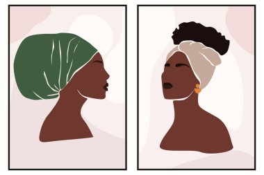 Tropik yaprakları olan Afrikalı bir kadının soyut portresi. Yüzyılın ortası posteri. Sanat baskısı, poster, kart, dekor için modern Boho tarzı arka plan. Stok vektör illüstrasyonu