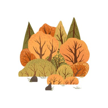 Sonbahar ağaçları ve çalılarla dolu bir sahne. Kırsal alan. Beyaz arka planda izole edilmiş. Sonbahar doğası. Stok vektör illüstrasyonu