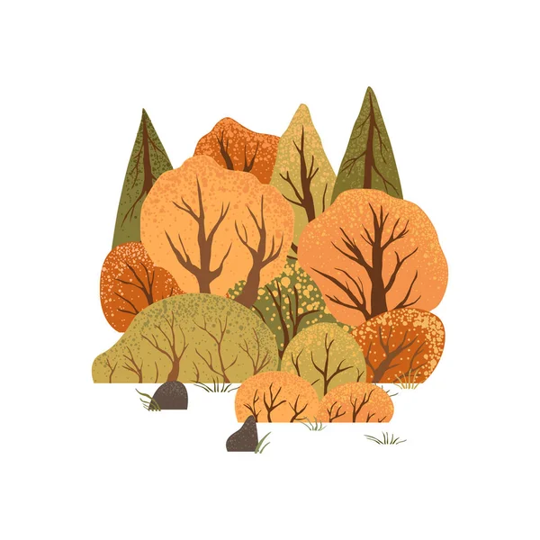 Sonbahar ağaçları ve çalılarla dolu bir sahne. Kırsal alan. Beyaz arka planda izole edilmiş. Sonbahar doğası. Stok vektör illüstrasyonu