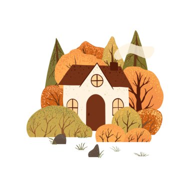 Sonbahar ağaçları, çalılar ve evle dolu bir sahne. Kırsal alan. Beyaz arka planda izole edilmiş. Sonbahar doğası. Stock düz vektör illüstrasyonu