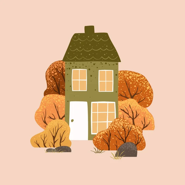 秋の木と茂みとホワイトハウスのシーン 田舎の風景について 白い背景に孤立した 秋の自然 ストックフラットベクトルイラスト — ストックベクタ