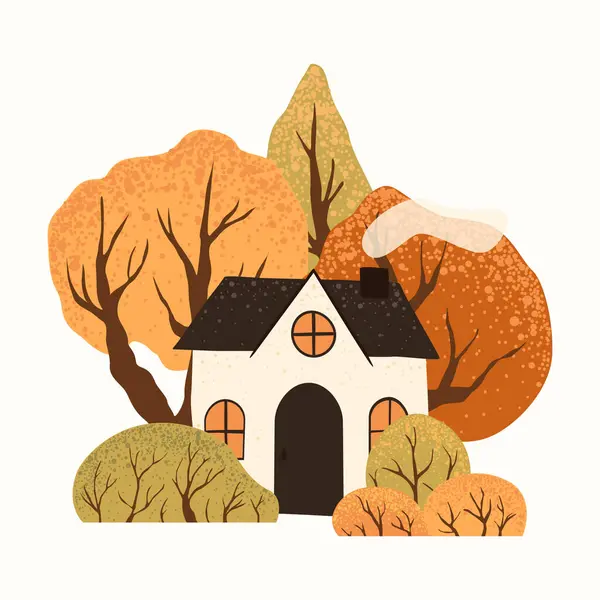 Scene Autumn Trees Bushes House Countryside Landscape Isolated White Background — Stock Vector