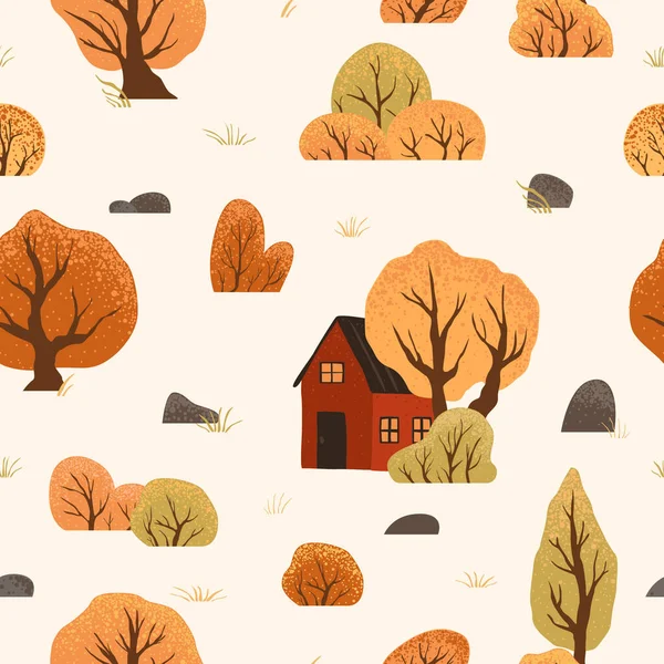 Seamless Pattern Autumn Trees Bushes House Scandinavian Style Nature Illustration — Stock Vector