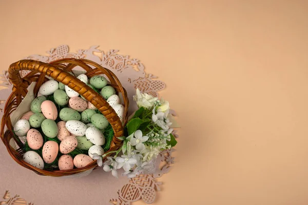 Easter Quail Multi Colored Eggs Basket Pastel Background Bunny Decoration ロイヤリティフリーのストック画像