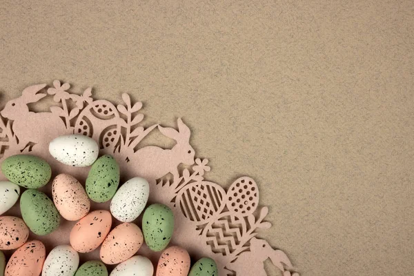 Easter Quail Multi Colored Eggs Pastel Background Bunny Decoration View ストック写真