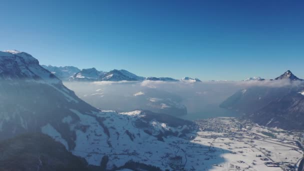Great Aerial Footage Gloriously Sunny Day Snowy Landscape Canton Lucerne — Stockvideo