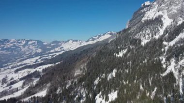 Great aerial footage in 4K over a snowy forest of fir trees in central Switzerland.