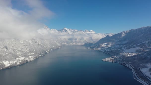 Great Aerial Footage Lake Canton Glarus Switzerland Dreamy Winter Landscape — Stockvideo