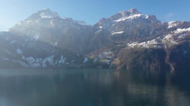 Great 4K aerial footage along the cliffs of Lake Lucerne in Switzerland in winter.