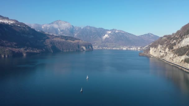 Great Aerial Footage Lake Lucerne Canton Lucerne Switzerland Winter — Video Stock