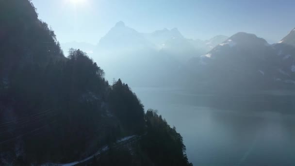 Great Aerial Footage Lakes Villages Snow Covered Switzerland Winter — Video Stock