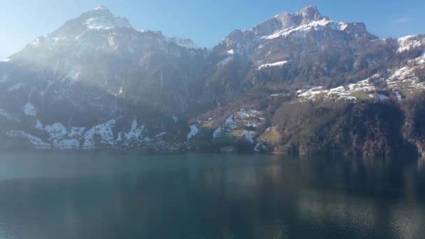 Great Aerial Footage Cliffs Lake Lucerne Switzerland Winter — Stockvideo