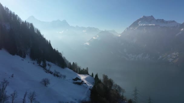 Amazing Aerial Footage Turquoise Lake Swiss Mountains — Stockvideo