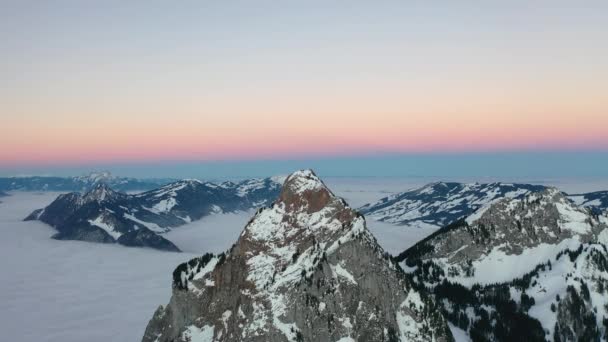 Great Aerial Footage Wintry Dream Landscape Switzerland Colorful Winter Sunrise — Vídeo de Stock
