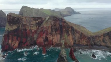 Epic flight over the wonderful viewpoint called Ponta de So Loureno in Madeira, Portugal. A great coast with many cliffs.
