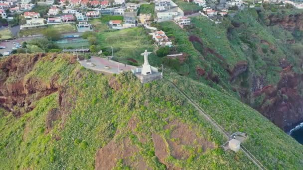 Great Flight Drone Cristo Rei Madeira Portugal Jesus Statue Beautifully — Stock video