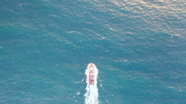 Superb Aerial Footage Golden Hour Fishing Boat Going Out Sea — Video Stock