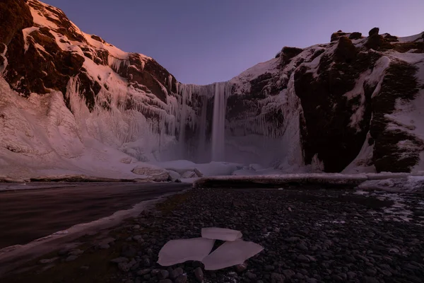 Great Long Exposure Huge Waterfall Called Skogafoss Iceland Great Sunrise — стоковое фото