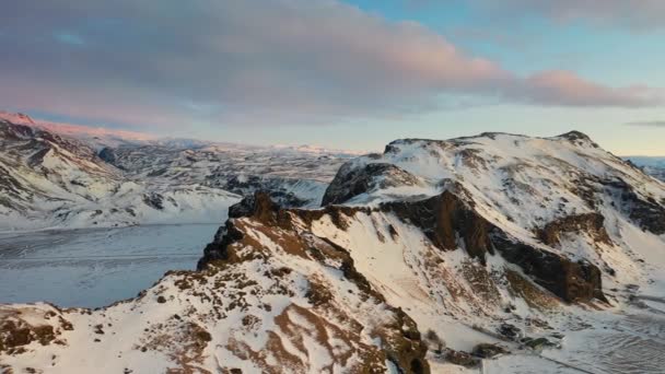 Aerial View Snow Covered Mountains Lava Fields Iceland Highlands Landmannalaugar — Vídeo de Stock