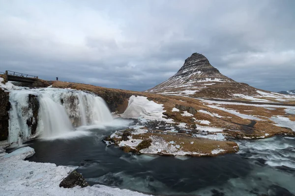 Foot Waterfall Called Kirkjufellsfoss Which Half Iced Doesn Have Much — Stock Photo, Image
