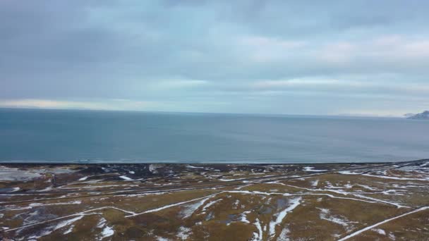 Luchtfoto Van Een Heidelandschap Voor Een Zwart Strand Ijsland Genomen — Stockvideo