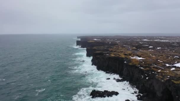 Aerial Footage Orange Lighthouse Northern Iceland Snowy Day Winter — Vídeos de Stock