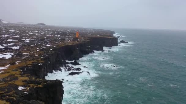 Nagranie Lotu Ptaka Islandzkim Wybrzeżu Mglisty Śnieżny Dzień Mnóstwem Mew — Wideo stockowe