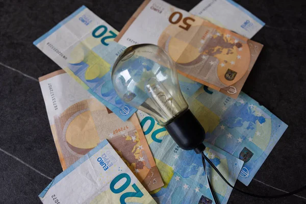 Žárovka Leží Mnoha Eurobankovkách Jako Symbol Energetické Krize Plánu Úspor — Stock fotografie