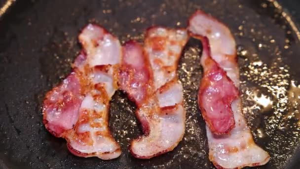 Trois Tranches Bacon Sont Frites Dans Une Poêle Jusqu Que — Video